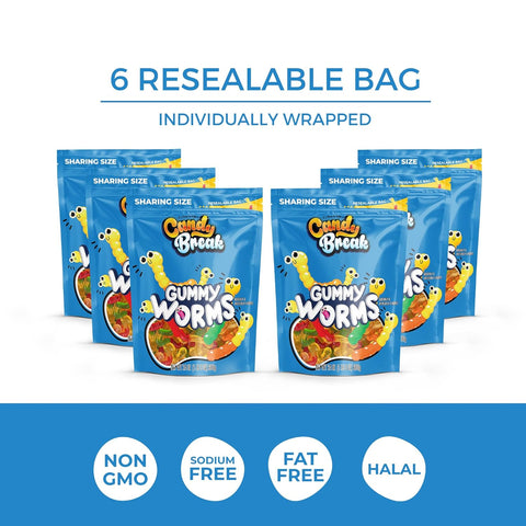 Candy Break Gummy Worms Candy - 24 Oz Share Size Resealable Bags (Pack of 6)