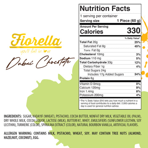 Fiorella Dubai Chocolate 60G - Milk Chocolate with Pistachio Butter and Crispy Kadayif 2.1 oz