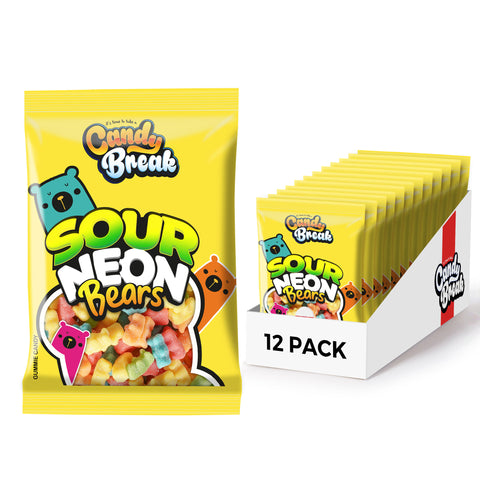 Candy Break Sour Neon Gummy Bears - 4 Oz Bags (Pack of 12)