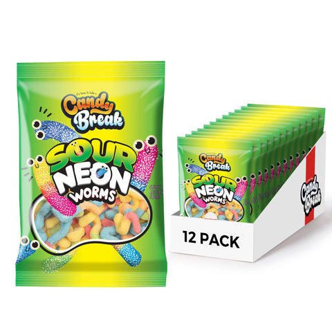 Candy Break Sour Neon Worms Gummies - 4 Oz Bags (Pack of 12)