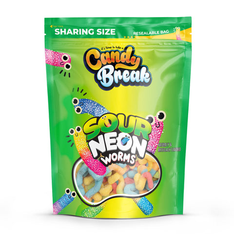 Candy Break Sour Neon Worms Gummy Candy - 24 Oz Share Size Resealable Bag (Pack of 6)