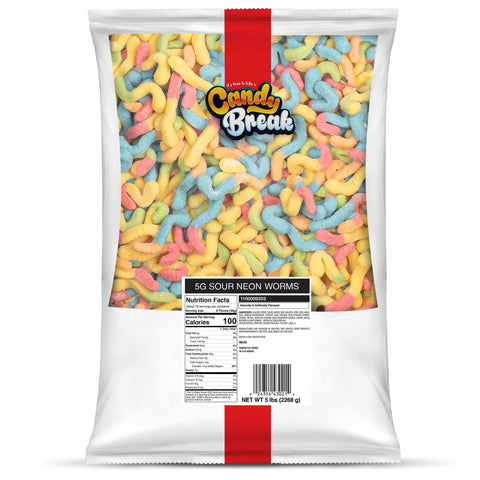 Candy Break Sour Neon Worms Bulk Gummies - 5 lbs Bag