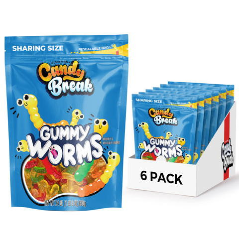 Candy Break Gummy Worms Candy - 24 Oz Share Size Resealable Bags (Pack of 6)