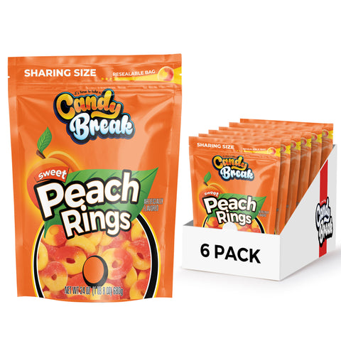 Candy Break Fruity Sweet Peach Rings Gummy Candy - 24 Oz Share Size Resealable Bags (Pack of 6)