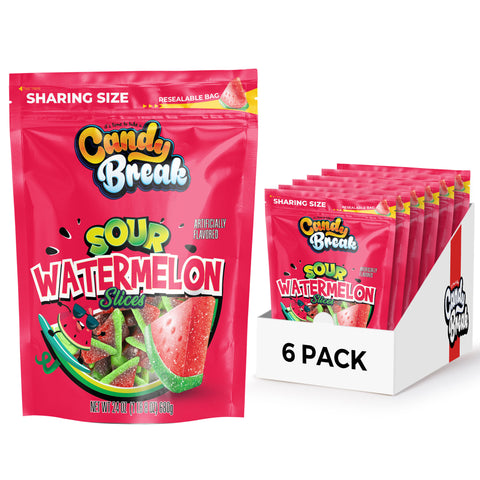 Candy Break Sour Watermelon Slices Gummy Candy - 24 Oz Share Size Resealable Bags (Pack of 6)