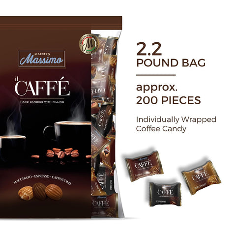 Maestro Massimo Assorted Coffee Hard Candy - 3 Flavors Espresso, Macchiato, Cappuccino | 2.2 lb Bulk Bag, 3mg Caffeine E