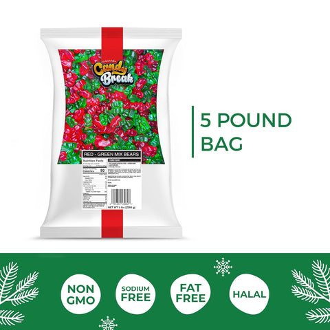 Candy Break Red & Green Gummy Bears Bulk Candy - 5 lbs Share Size Bags - Joyful Christmas Candy Sweets & Irresistible Chewy Delights for All Ages - Party Size