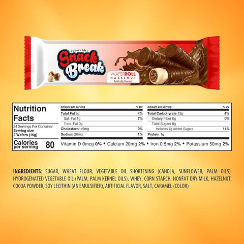 Snack Break Hazelnut Wafer Rolls, Cocoa Coated Crispy Rolled Wafer Cookies with Hazelnut Cream Filling, Individually Wra