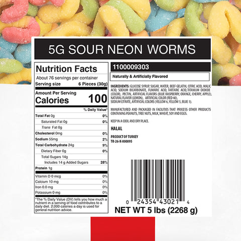 Candy Break Sour Neon Worms Bulk Gummies - 5 lbs Bag