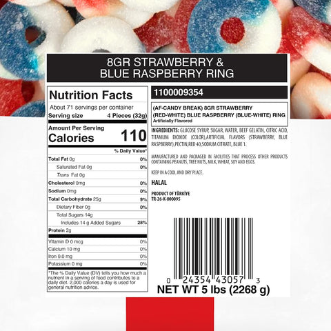 Candy Break Strawberry & Blue Raspberry Rings Bulk Gummies - 5 lbs Bag