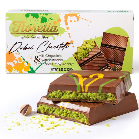 Fiorella Dubai Chocolate Bar Pistachio, Luxury & Premium Dubai Milk Chocolate Bar Filled with Pistachio Butter & Shredded Knafeh Kadayif, Snacks for Kids & Adults - 7.05 Oz