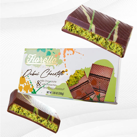 Fiorella Dubai Chocolate Bar Pistachio, Luxury & Premium Dubai Milk Chocolate Bar Filled with Pistachio Butter & Shredded Knafeh Kadayif, Snacks for Kids & Adults - 7.05 Oz