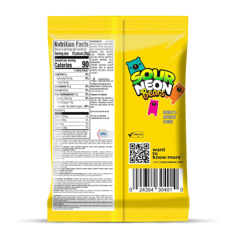 Candy Break Sour Neon Gummy Bears - 4 Oz Bags (Pack of 12)