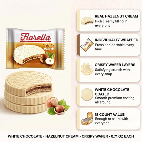 Fiorella Crunch White Chocolate Wafer Cookies | 18 Individually Wrapped Crispy Thin Wafers with Hazelnut Cream Filling |
