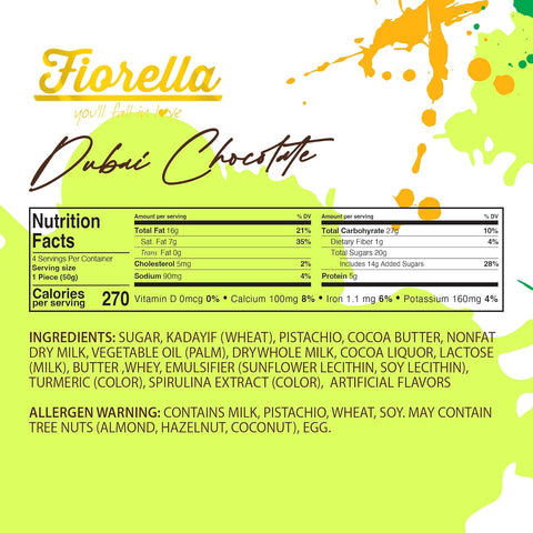 Fiorella Dubai Chocolate Bar Pistachio, Luxury & Premium Dubai Milk Chocolate Bar Filled with Pistachio Butter & Shredded Knafeh Kadayif, Snacks for Kids & Adults - 7.05 Oz