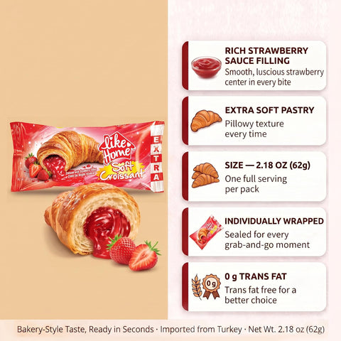 Like Home XL Strawberry Cream Filled Soft Croissant, Breakfast Pastry for Kids and Adults, Ready to Eat On the Go Snack,