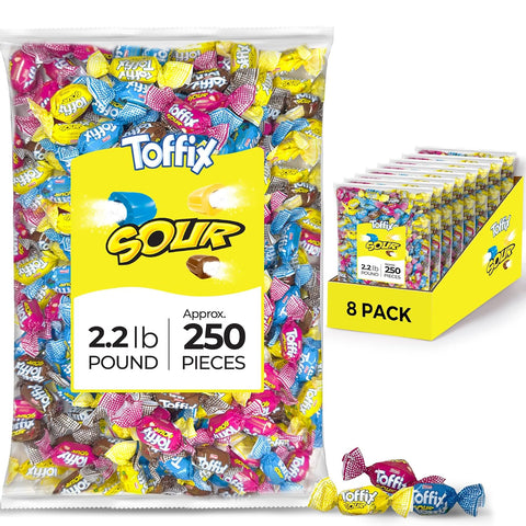 Toffix Sour Chews, Center-Filled Soft Chewy Candy, 250 Pieces of Individually Wrapped Snacks for Kids & Adults, Strawber