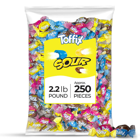 Toffix Sour Chews, Center-Filled Soft Chewy Candy, 250 Pieces of Individually Wrapped Snacks for Kids & Adults, Strawber
