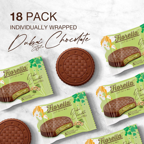 Fiorella Dubai Style Milk Chocolate Pistachio Bars, Filled Chocolate With Pistachio Butter & Crispy Kadayif, Individually Wrapped Chocolate Snacks, 18 Pack