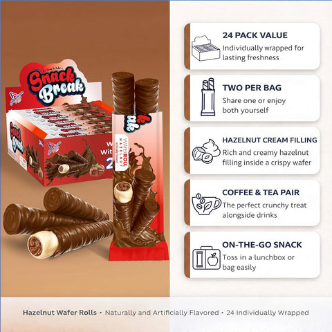Snack Break Hazelnut Wafer Rolls, Cocoa Coated Crispy Rolled Wafer Cookies with Hazelnut Cream Filling, Individually Wra