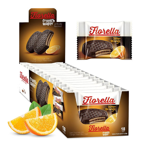 Fiorella Crunch Dark Chocolate Wafer Cookies, 18 Count, Chocolate Covered Crispy Thin Wafers with Layers of Orange Cream