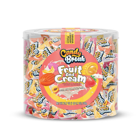 Candy Break Center Filled Fruit & Cream Hard Candy (24.7oz) - Strawberry, Peach, Banana Flavored - Gift Snacks for Candy Lovers and Surprise for All Ages