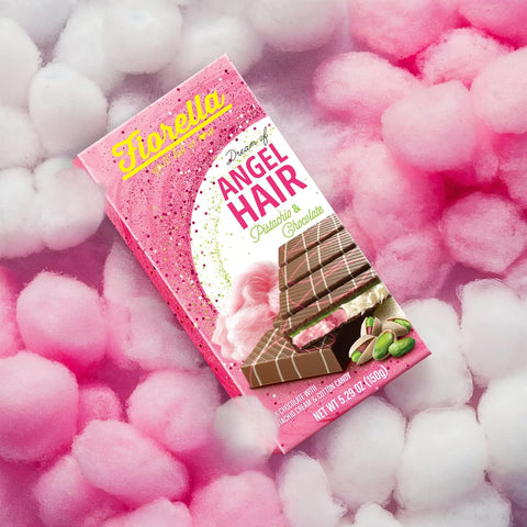 Fiorella Dubai Angel Hair Chocolate Bar 5.29 Oz, Pink & White Cotton Candy, Luxurious Milk Chocolate with a Heavenly Pistachio Cream and Fluffy Cotton Candy Filling, Unique Multi-Layered Sweet Experience