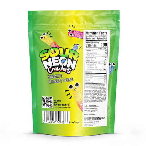 Candy Break Sour Neon Worms Gummy Candy - 24 Oz Share Size Resealable Bag (Pack of 6)