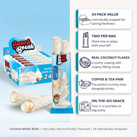 Snack Break Coconut Wafer Rolls, Crispy Rolled Wafer Cookies with Coconut Coating, Individually Wrapped On-the-Go Snack,