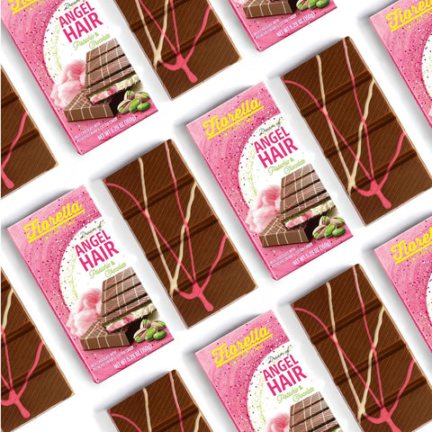 Fiorella Dubai Angel Hair Chocolate Bar 5.29 Oz, Pink & White Cotton Candy, Luxurious Milk Chocolate with a Heavenly Pistachio Cream and Fluffy Cotton Candy Filling, Unique Multi-Layered Sweet Experience