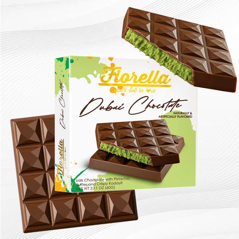 Fiorella Dubai Chocolate 60G - Milk Chocolate with Pistachio Butter and Crispy Kadayif 2.1 oz