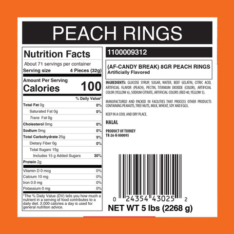 Candy Break Peach Rings Bulk Gummies - 5 lbs Bag