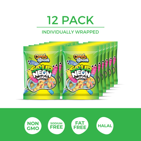 Candy Break Sour Neon Worms Gummies - 4 Oz Bags (Pack of 12)