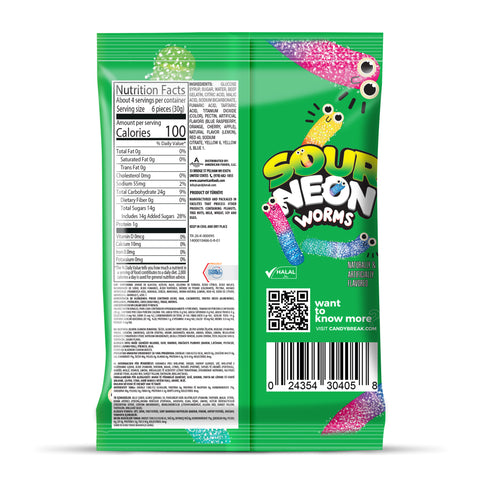 Candy Break Sour Neon Worms Gummies - 4 Oz Bags (Pack of 12)